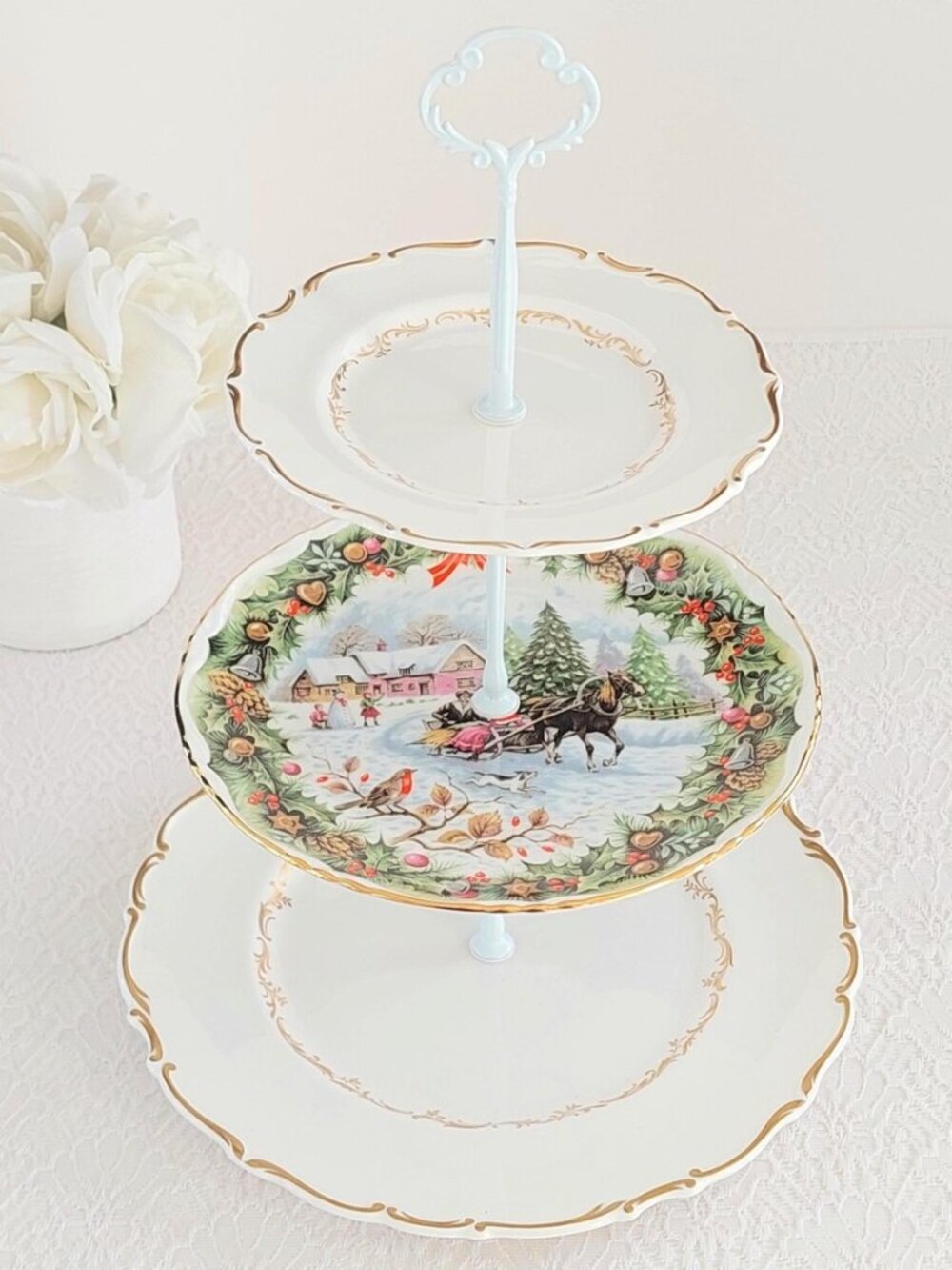 Christmas 3 Tier Cake Stand, Winter Sleigh Scene Serving Tray, Vintage English B